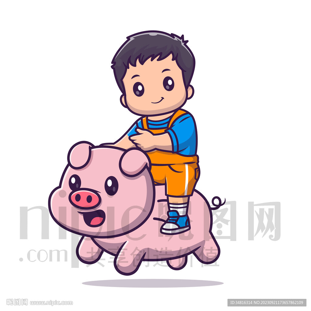 卡通骑猪的小男孩