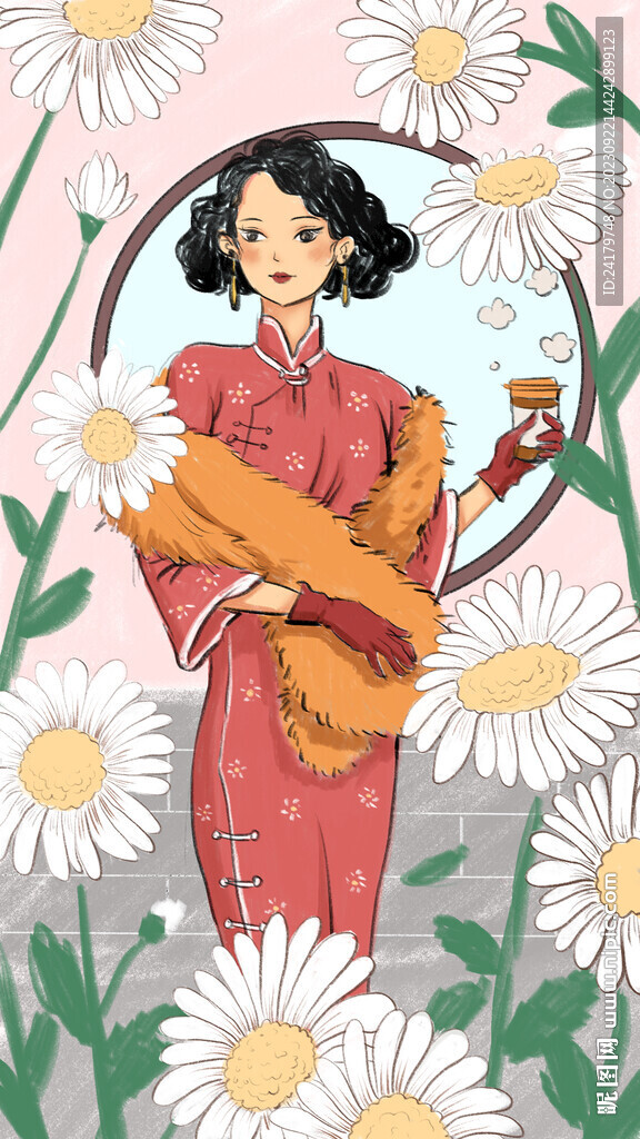 手繪旗袍女人插畫