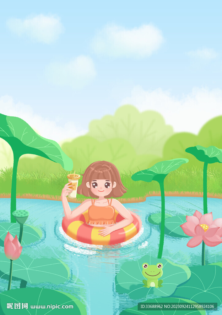 夏至池塘肌理小清新插畫