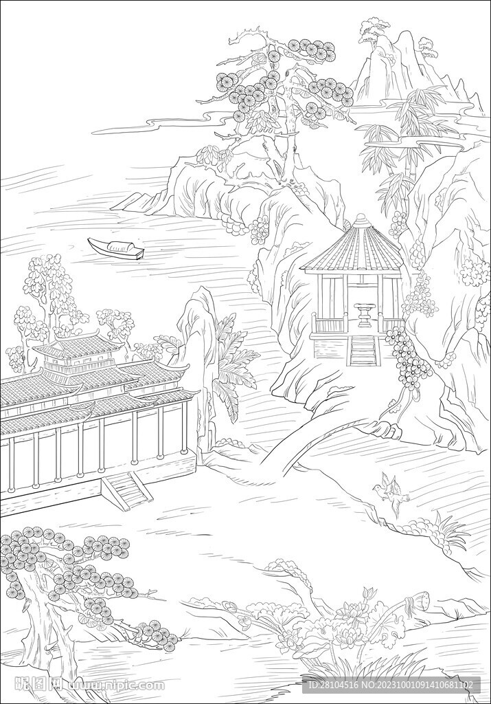 白描古建圖 