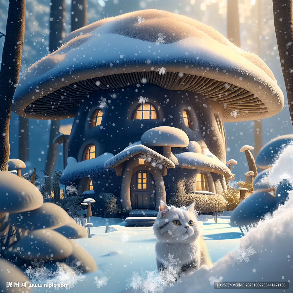 雪中的蘑菇屋与猫