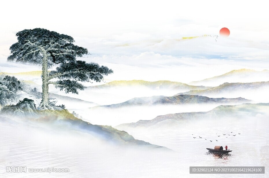 中式高山流水迎客松背景墻