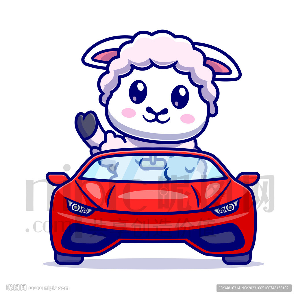 可愛卡通坐小汽車的小綿羊