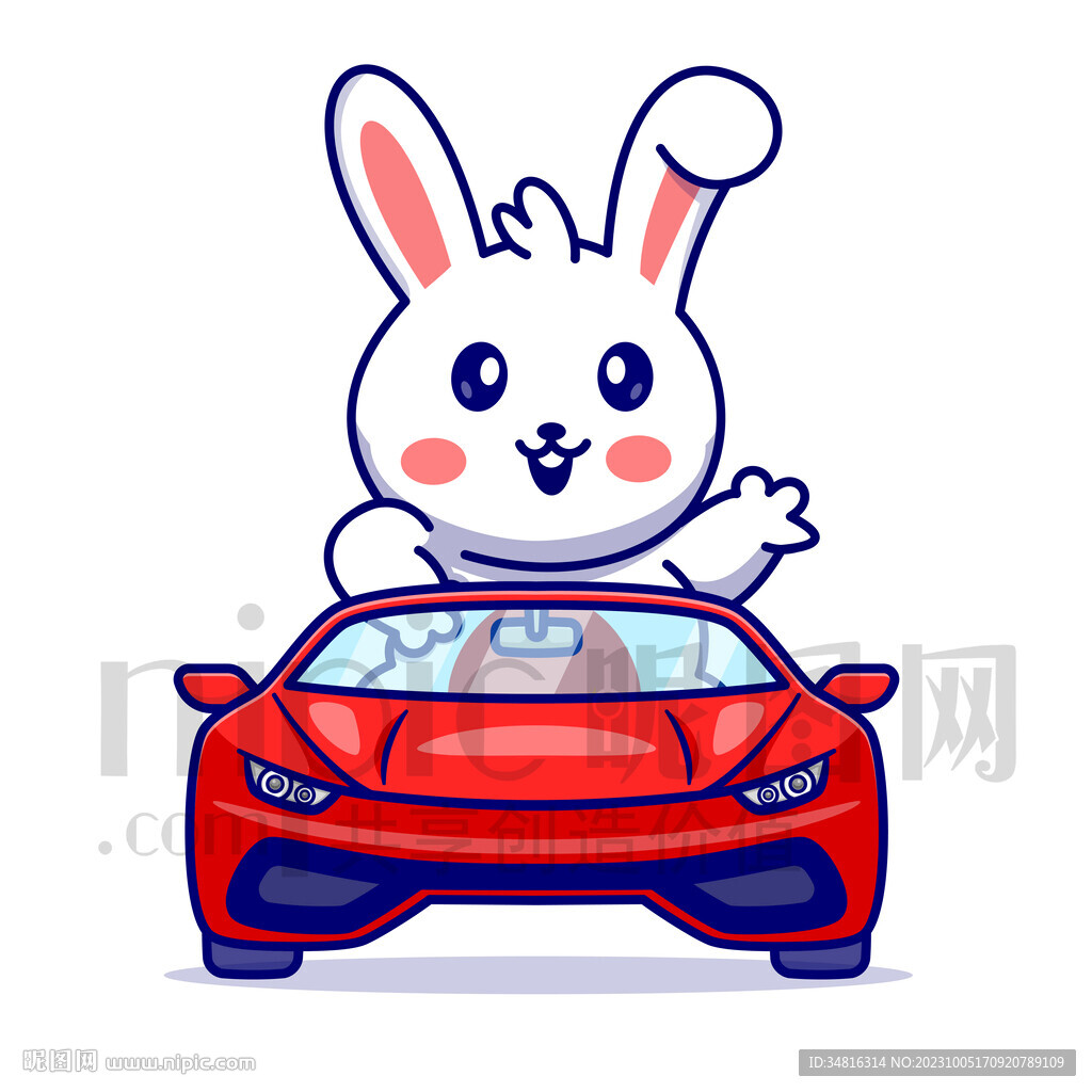可愛卡通坐小汽車的小白兔