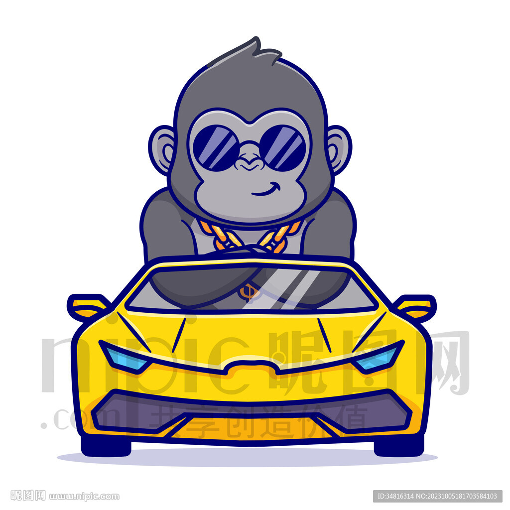 可爱卡通坐小汽车的大猩猩