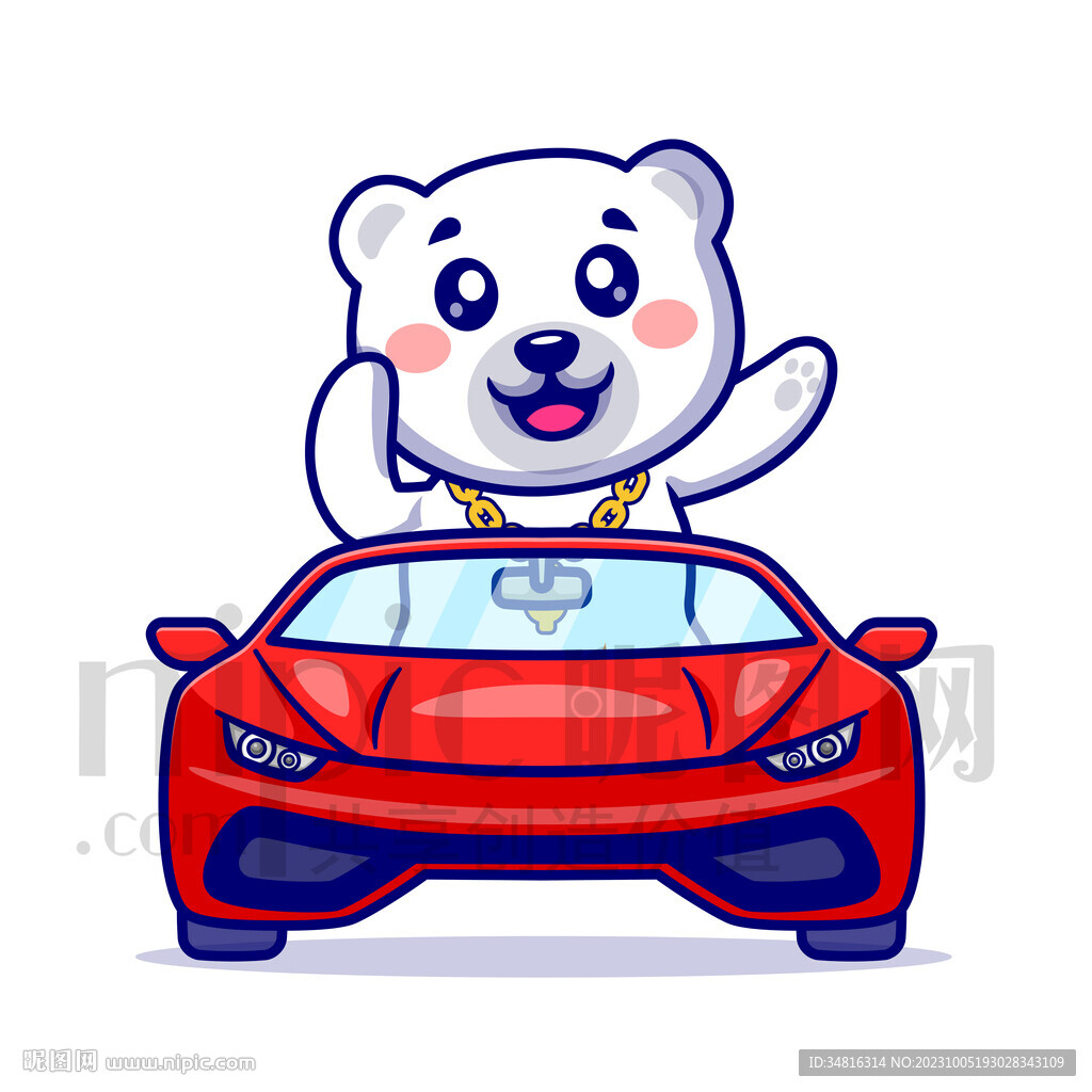 可爱卡通坐小汽车的北极熊