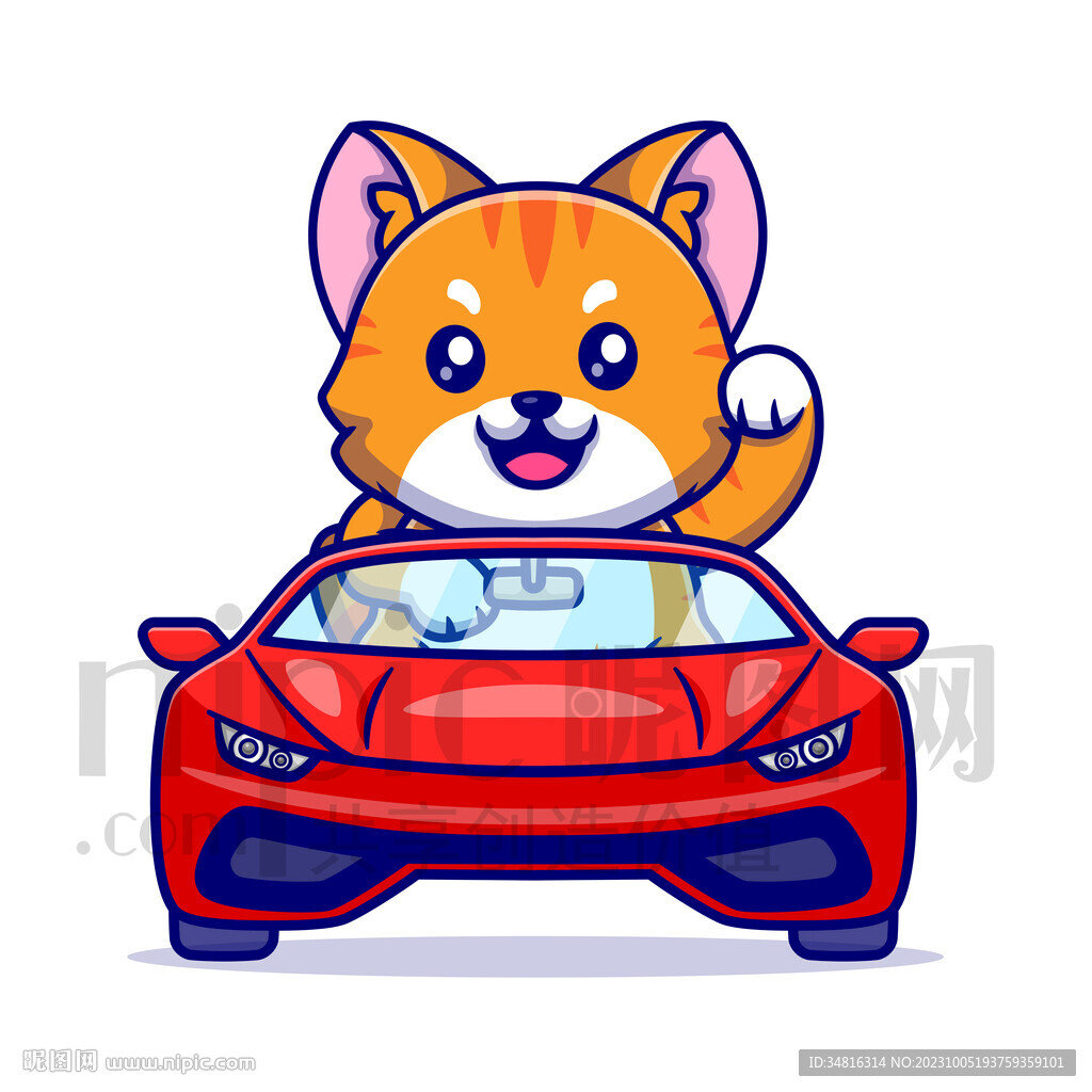可愛卡通坐小汽車的小貓