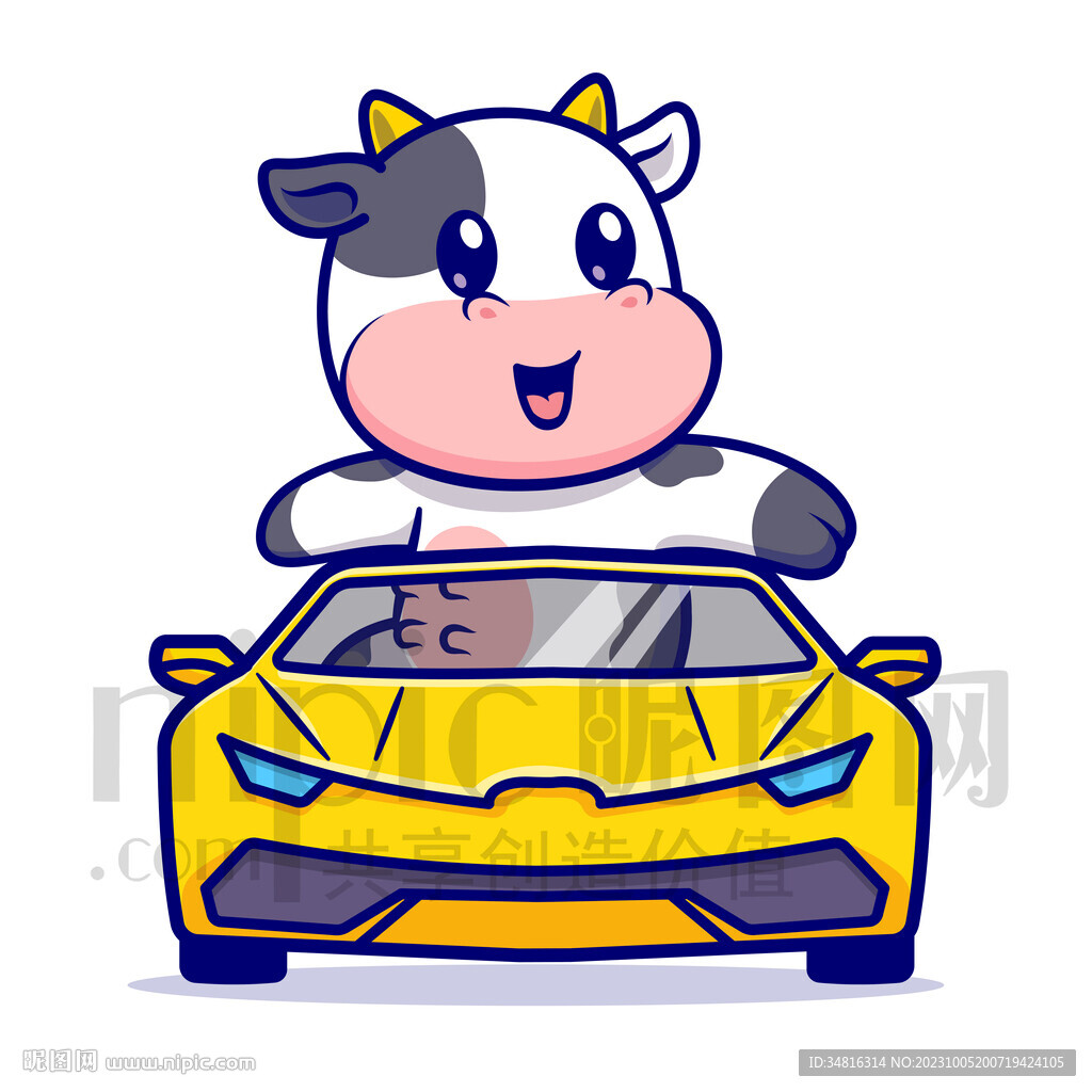 可爱卡通坐小汽车的小奶牛