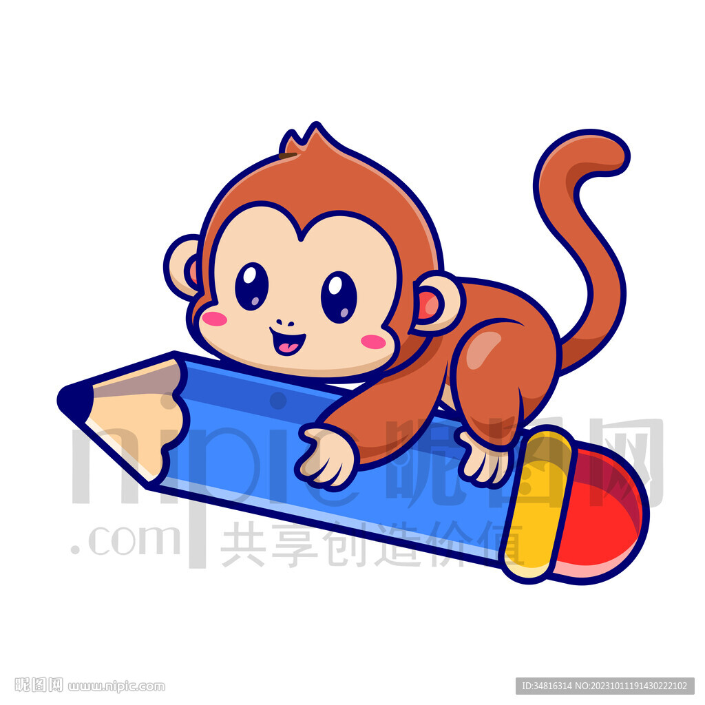 可爱卡通爬在铅笔上的猴子