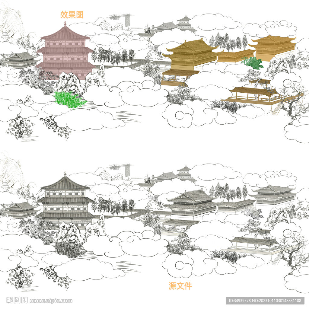 手繪水墨閣樓