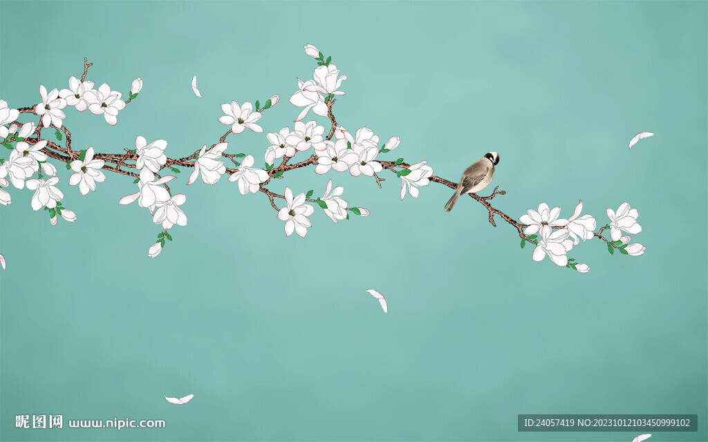 新中式花鸟白玉兰背景墙装饰画