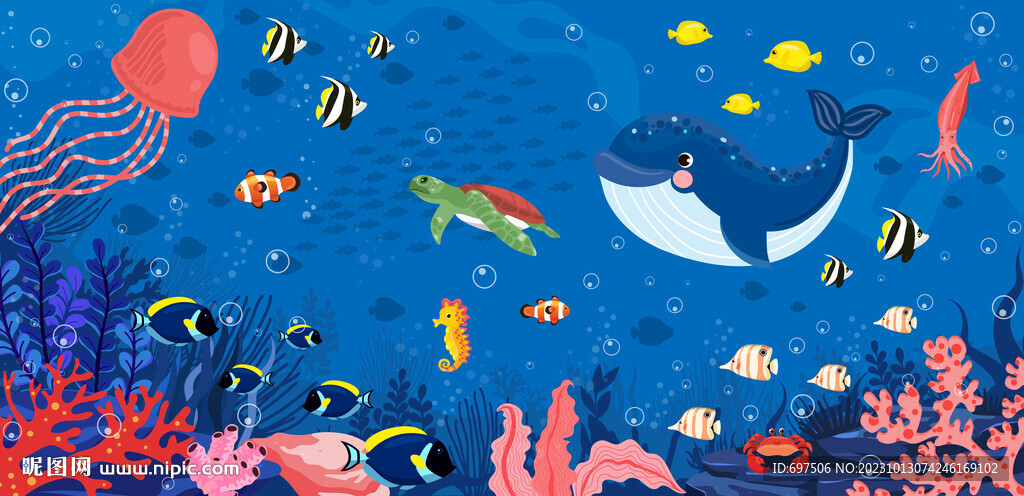 卡通海豚海底世界珊瑚热带鱼背景