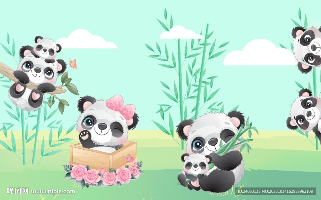 卡通可愛熊貓壁畫背景墻