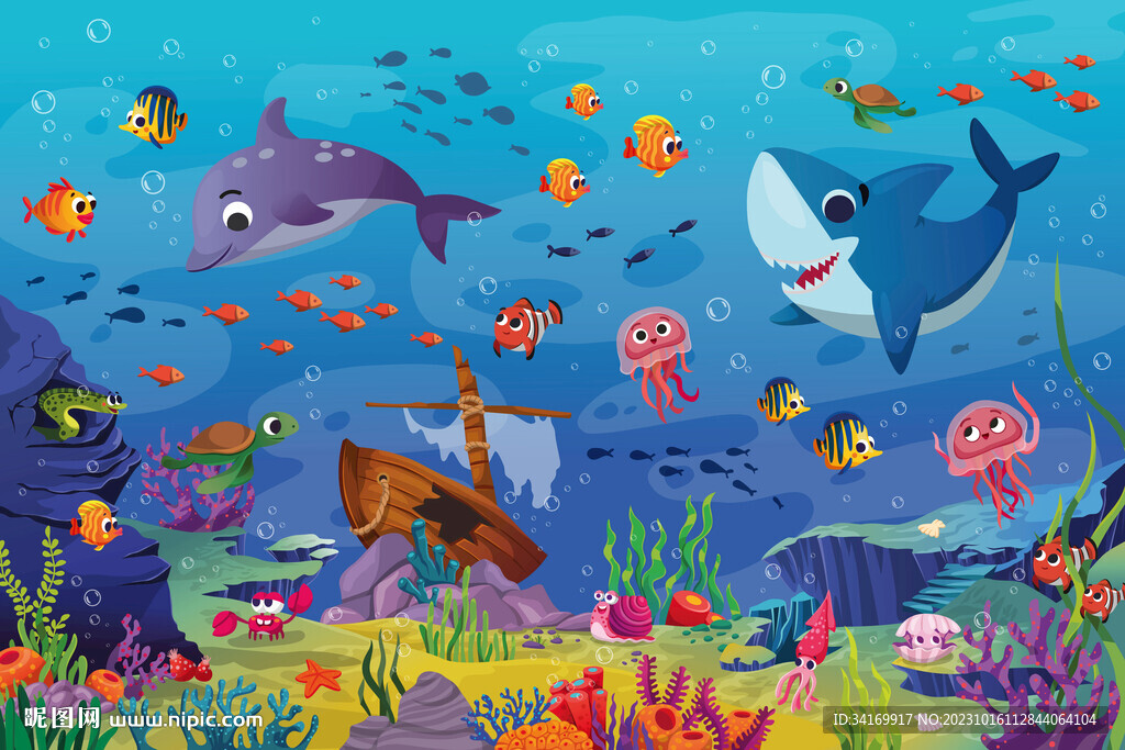 卡通鲸鱼海底世界鲨鱼热带鱼背景