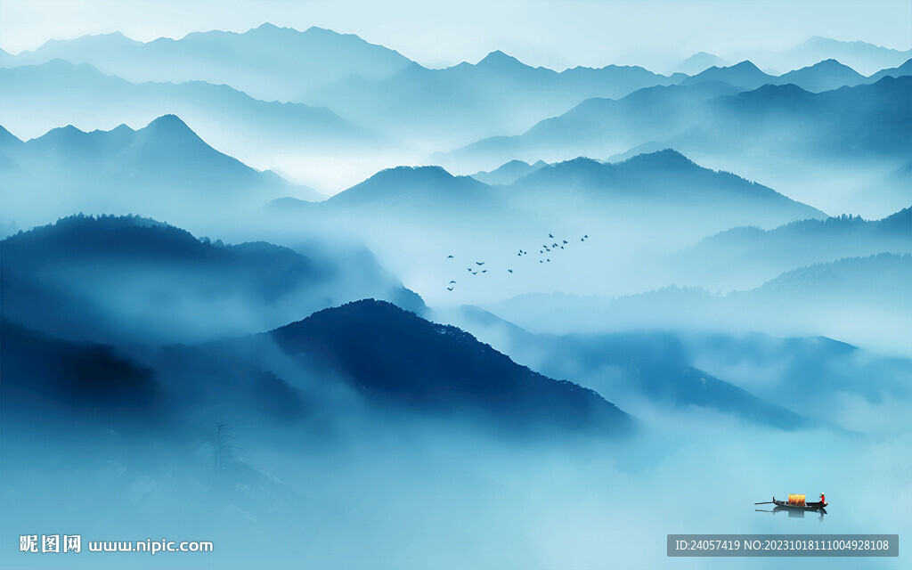 云霧山水風(fēng)景藍(lán)色寫(xiě)意背景墻