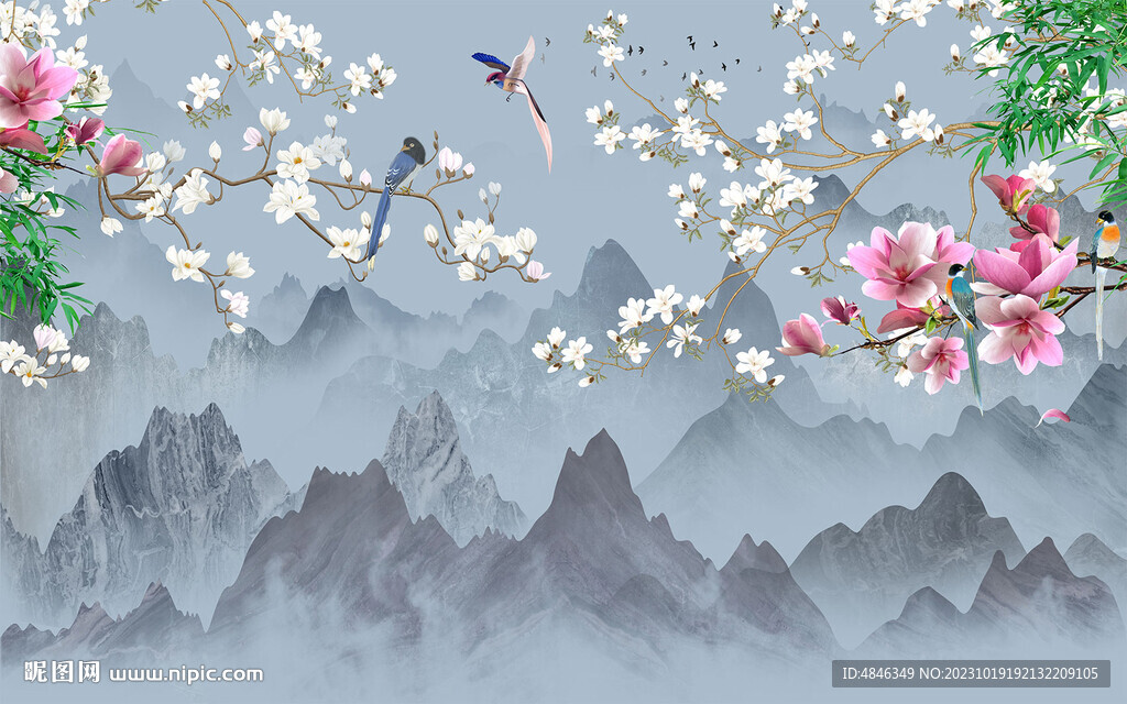 玉蘭花鳥玉堂富貴背景墻
