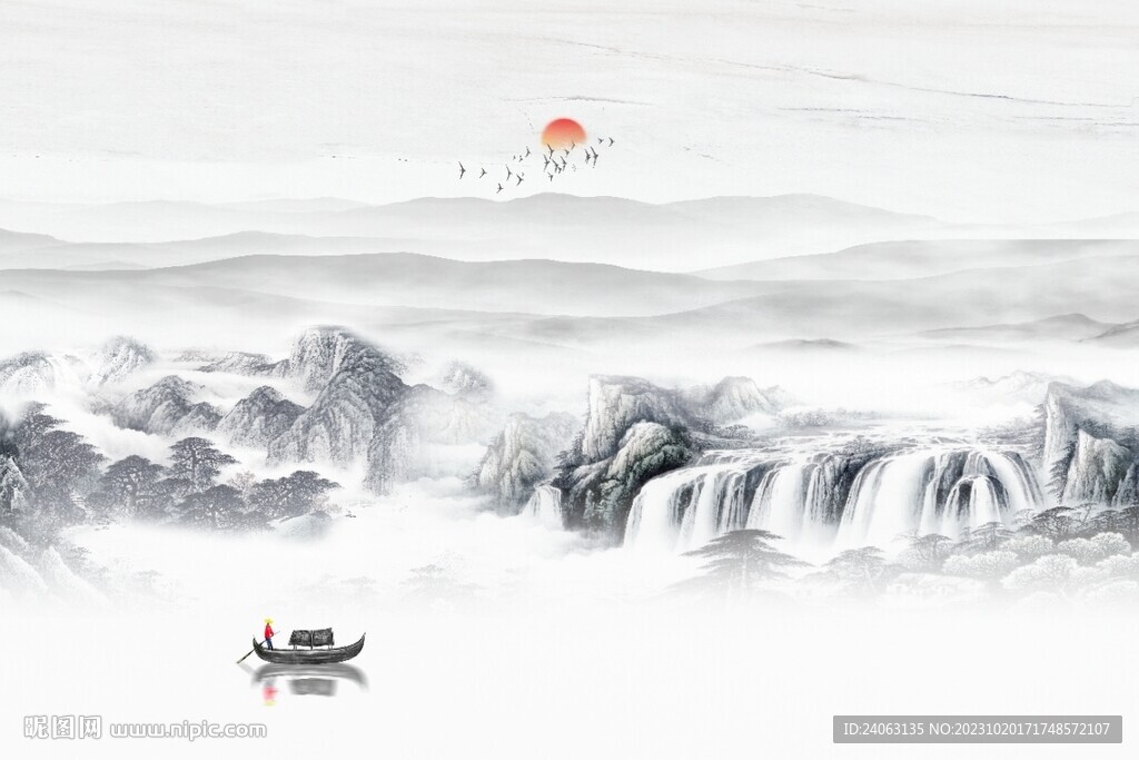 中式瀑布山水畫