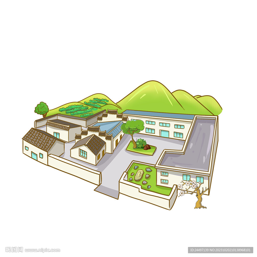 徽派建筑院子手繪
