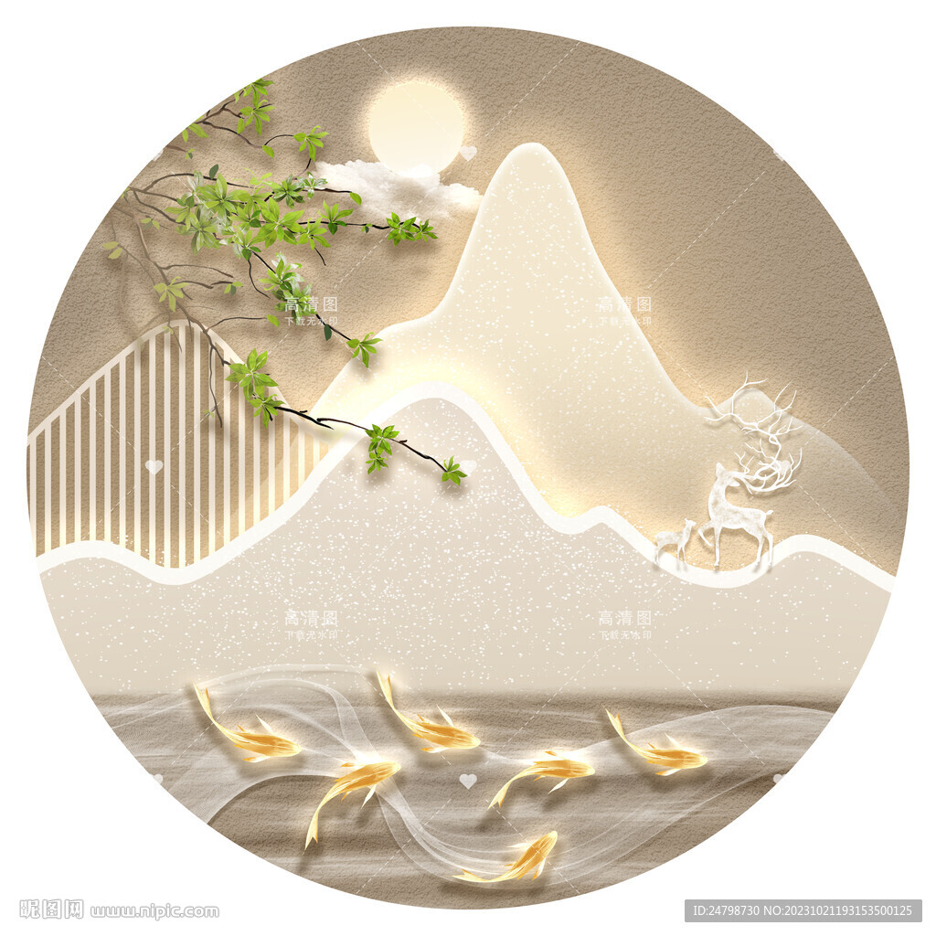 山水麋鹿掛畫