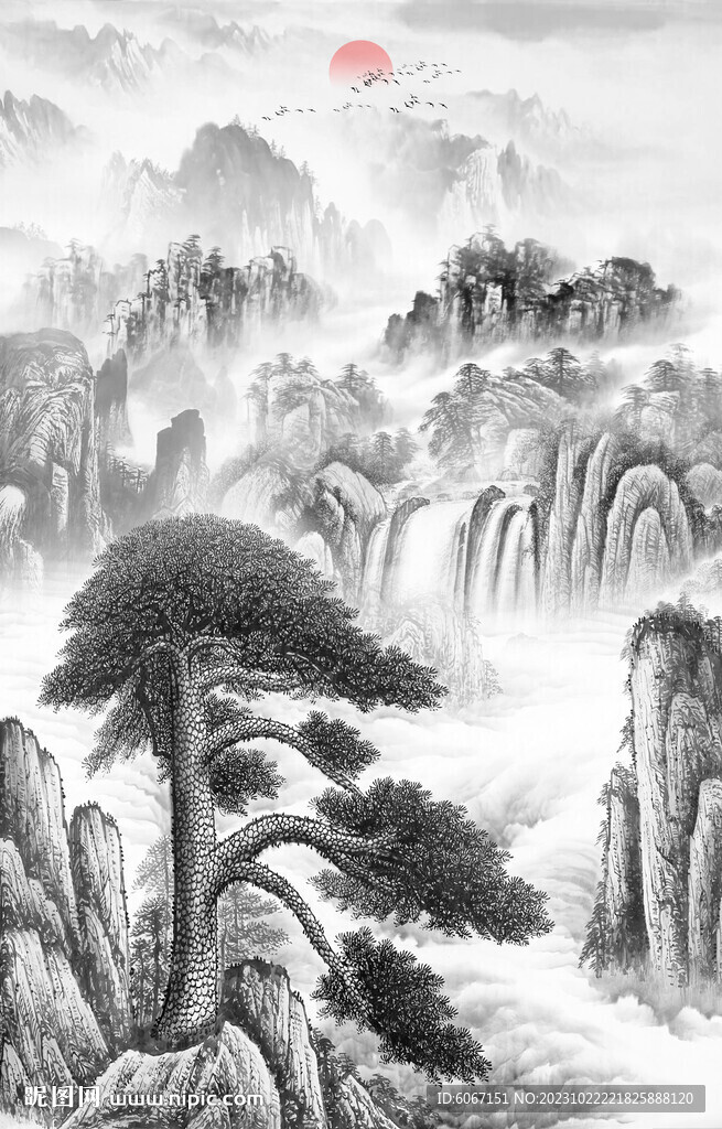 水墨國(guó)畫迎客松