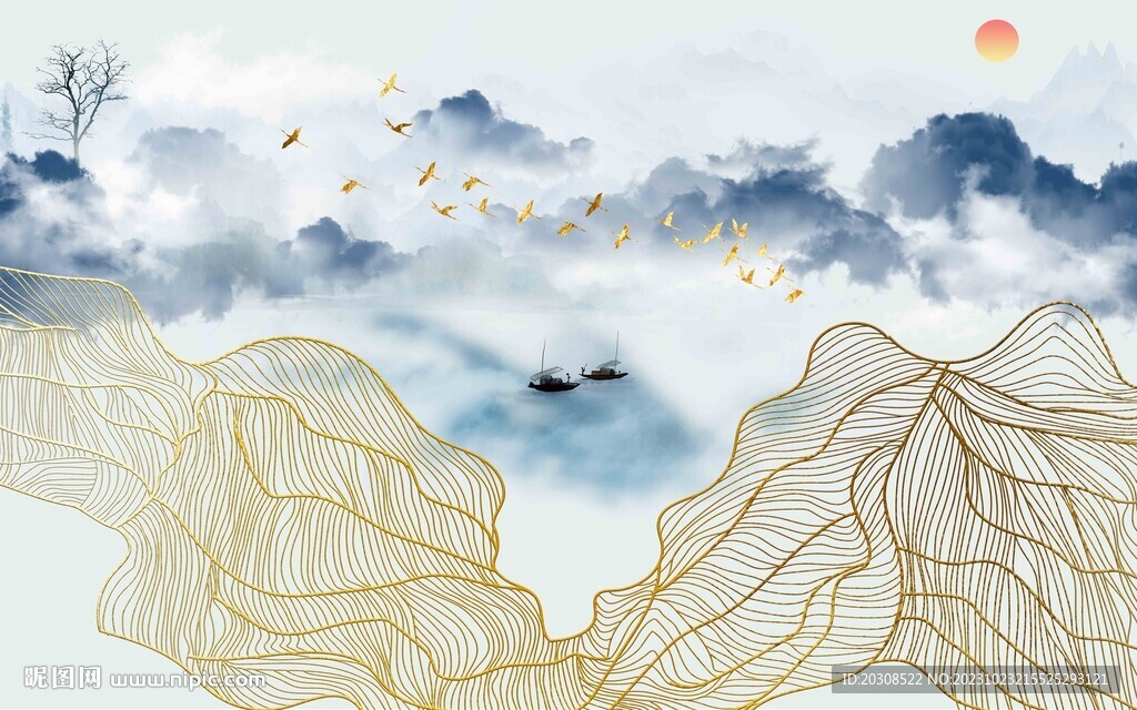 禪意線條高端壁畫背景墻