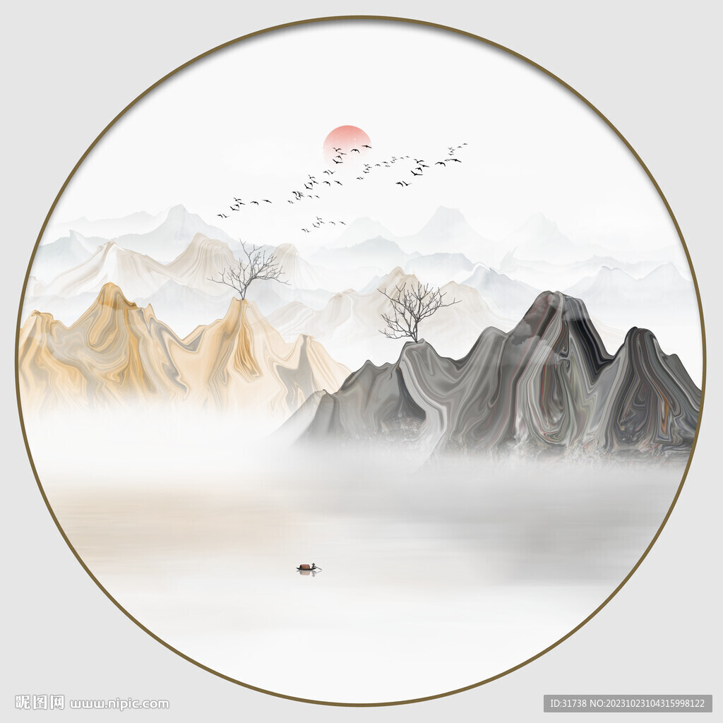 餐廳圓形水墨山水畫