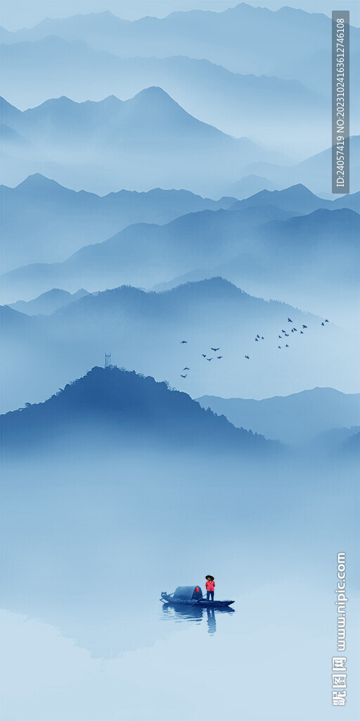 新中式蓝色山水风景风光