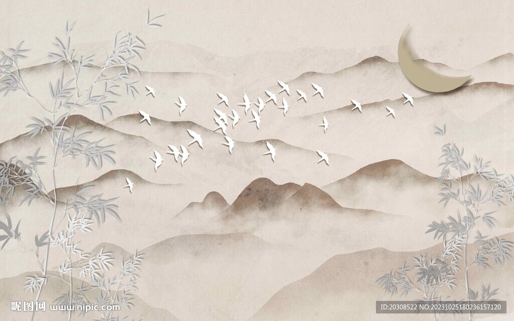 新中式竹報(bào)平安水墨山水畫(huà)