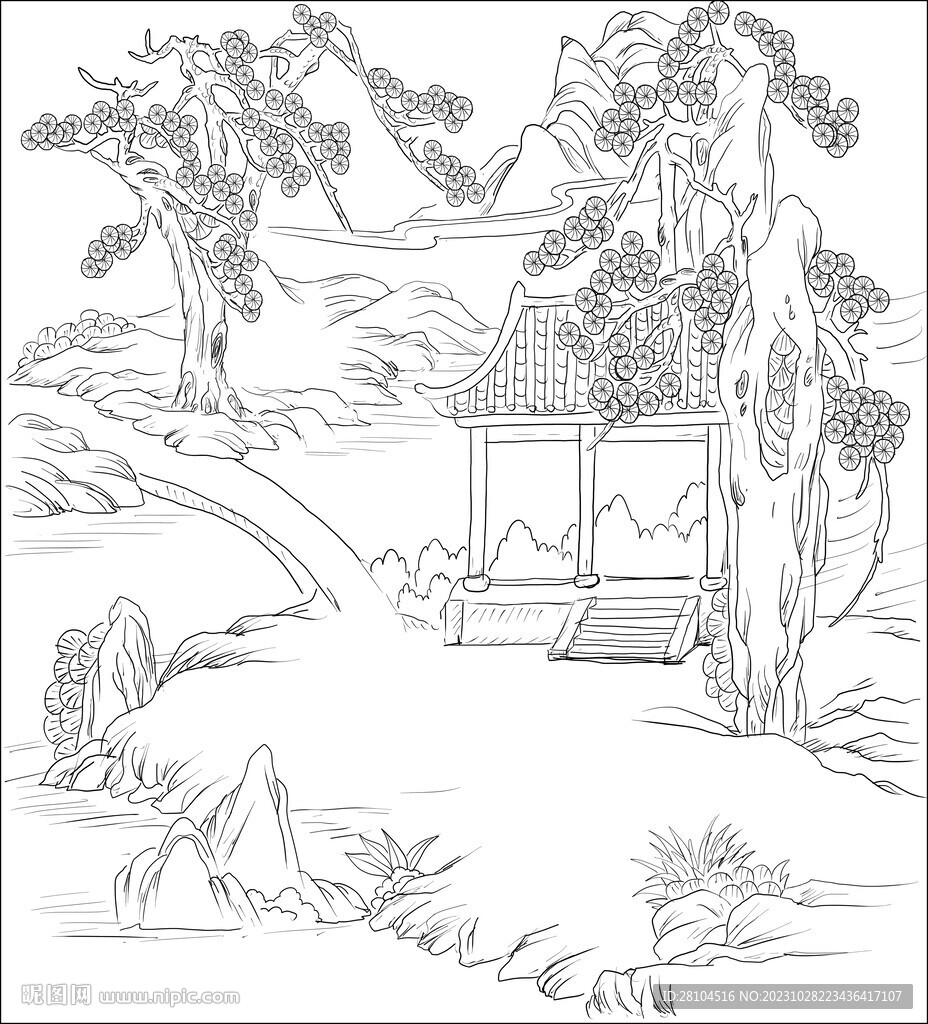 白描古建圖 