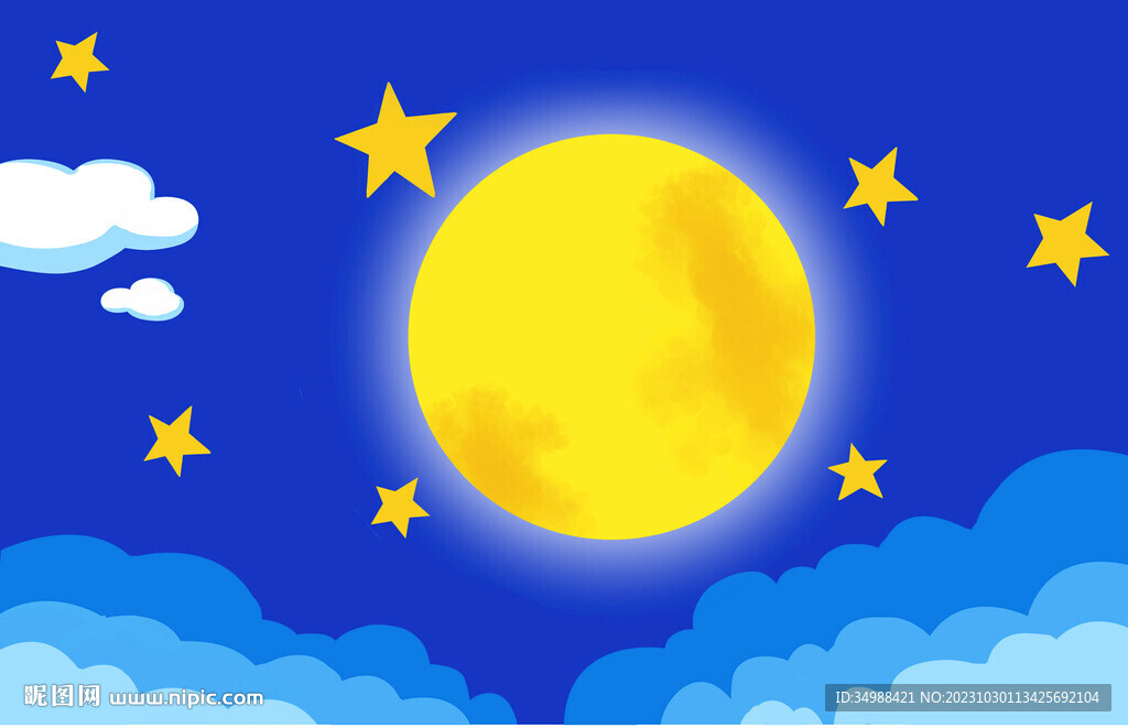 扁平风蓝色星空月亮背景卡通插画