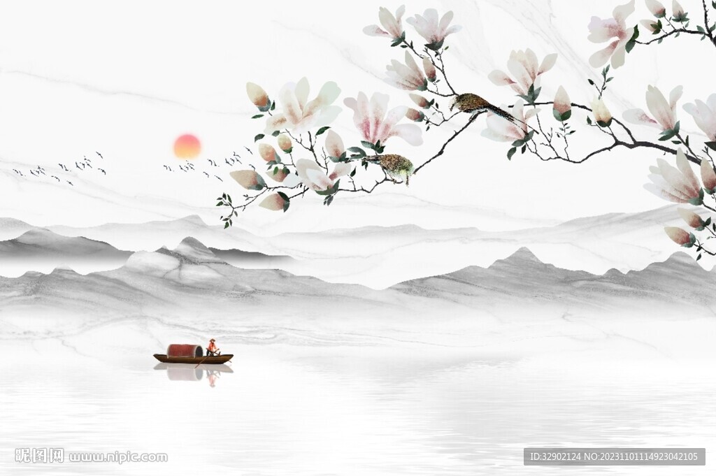 玉蘭花鳥背景墻