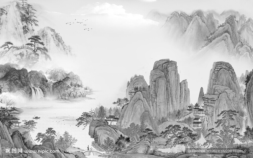 新傳 中式灰山水畫 Tif分層