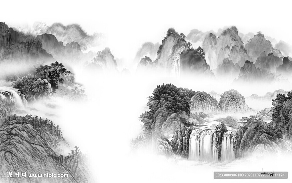 大氣 中式灰山水畫 Tif分層