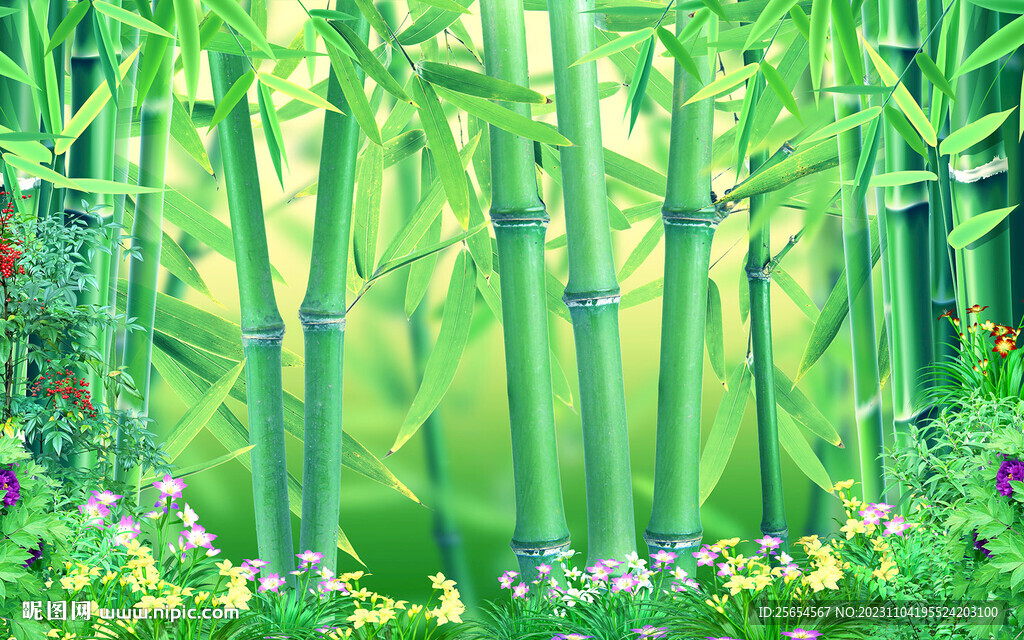 竹林寂静花丛绿色背景墙