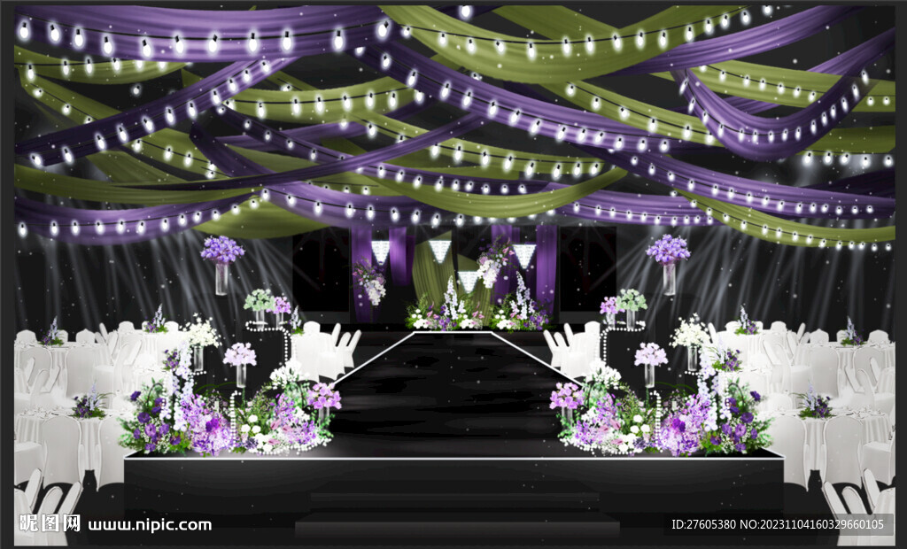 紫绿色婚礼宴会厅效果图