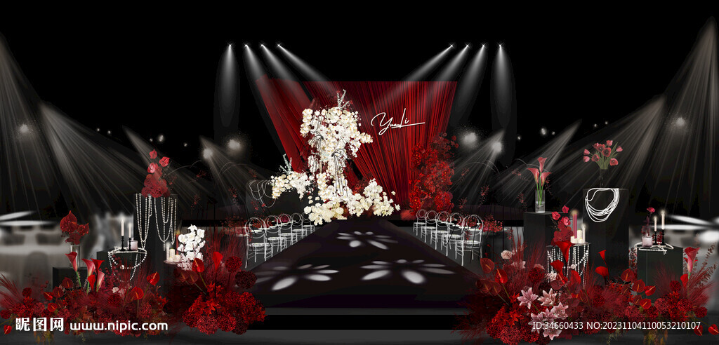 红色布幔主舞台婚礼效果图