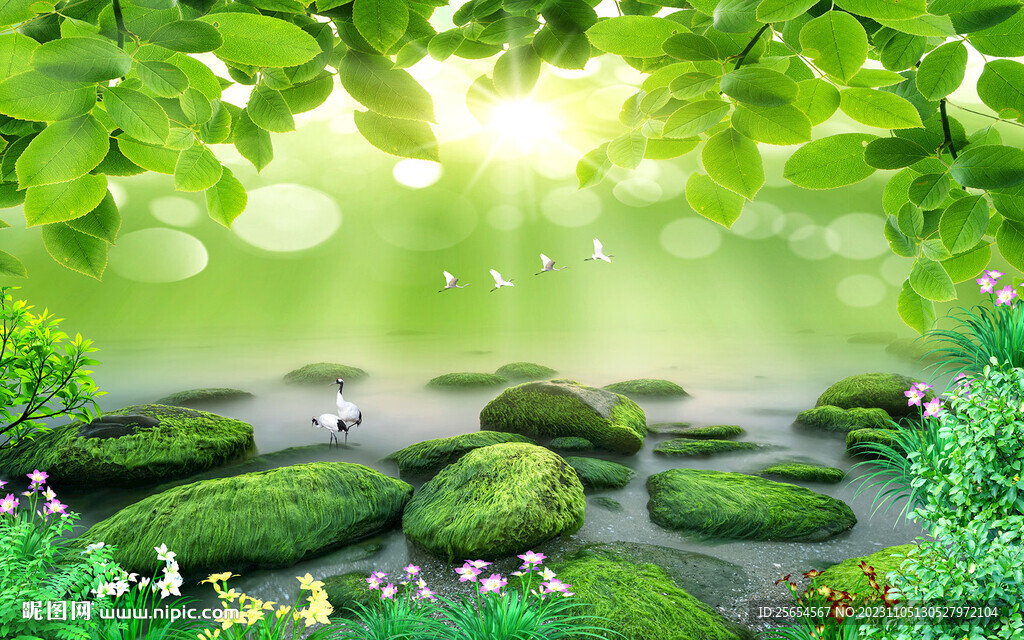 夢(mèng)幻綠葉流水背景墻