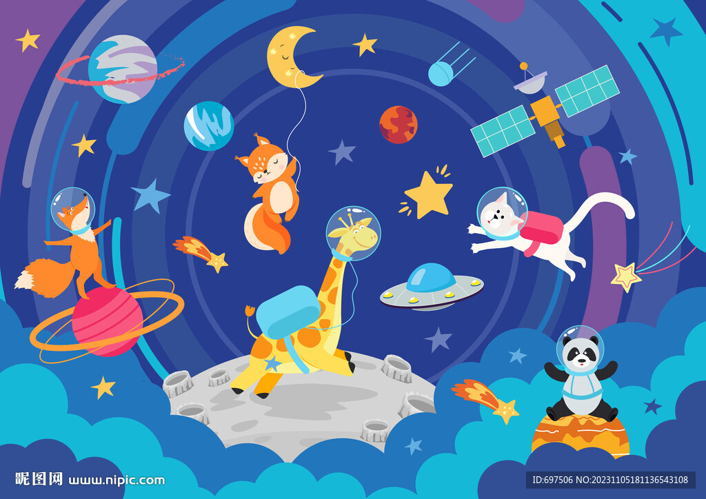 卡通太空宇宙可爱动物星球背景墙