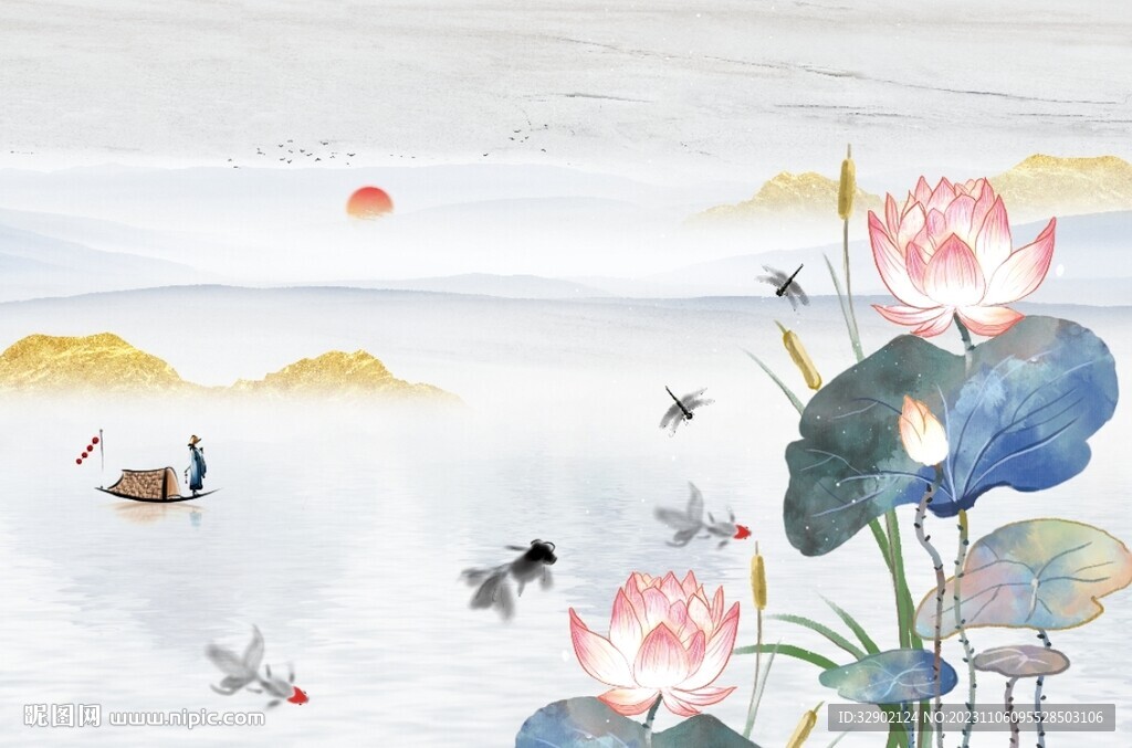 中式荷花山水