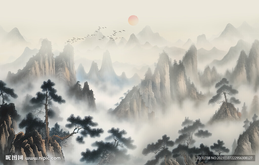 新中式山水畫迎客松背景墻