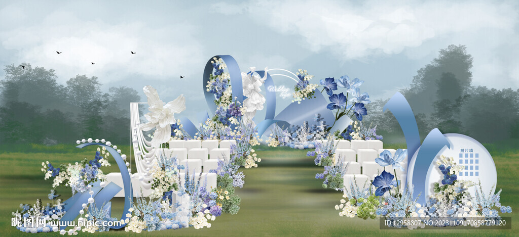 蓝白户外草坪婚礼效果图