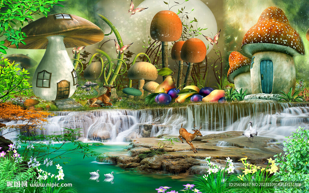 童话世界蘑菇儿童房流水背景墙