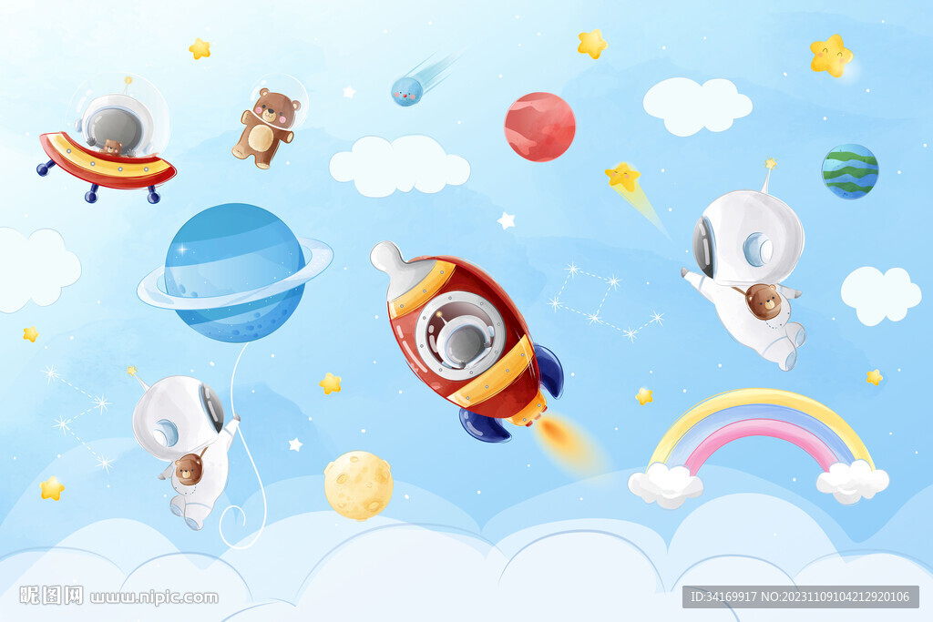 卡通太空火箭可愛宇航員星球背景