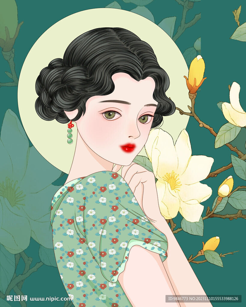 手繪插畫復古美女