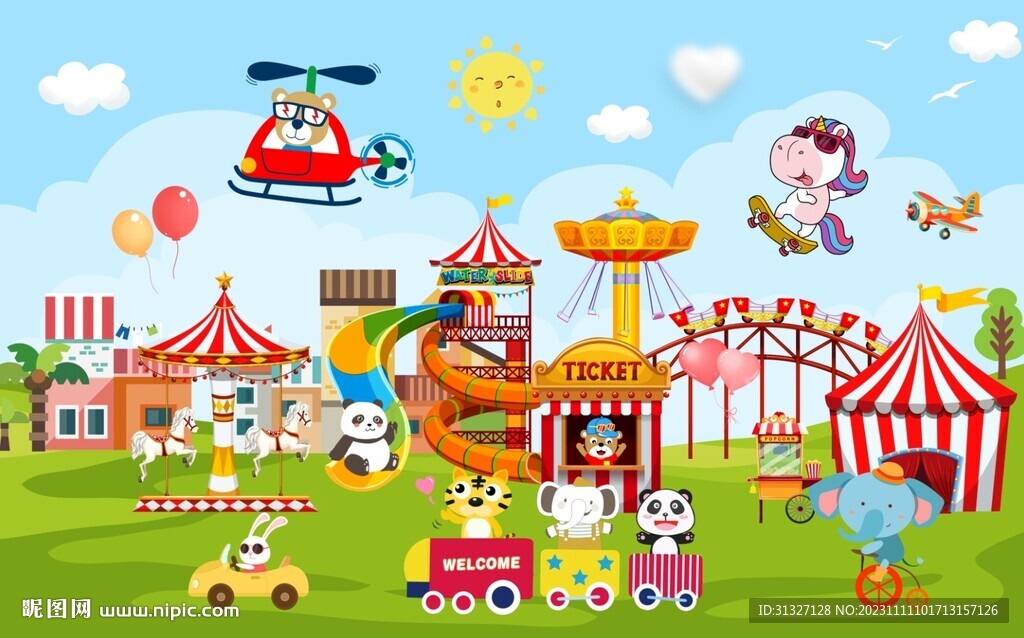 卡通動物樂園兒童房背景墻