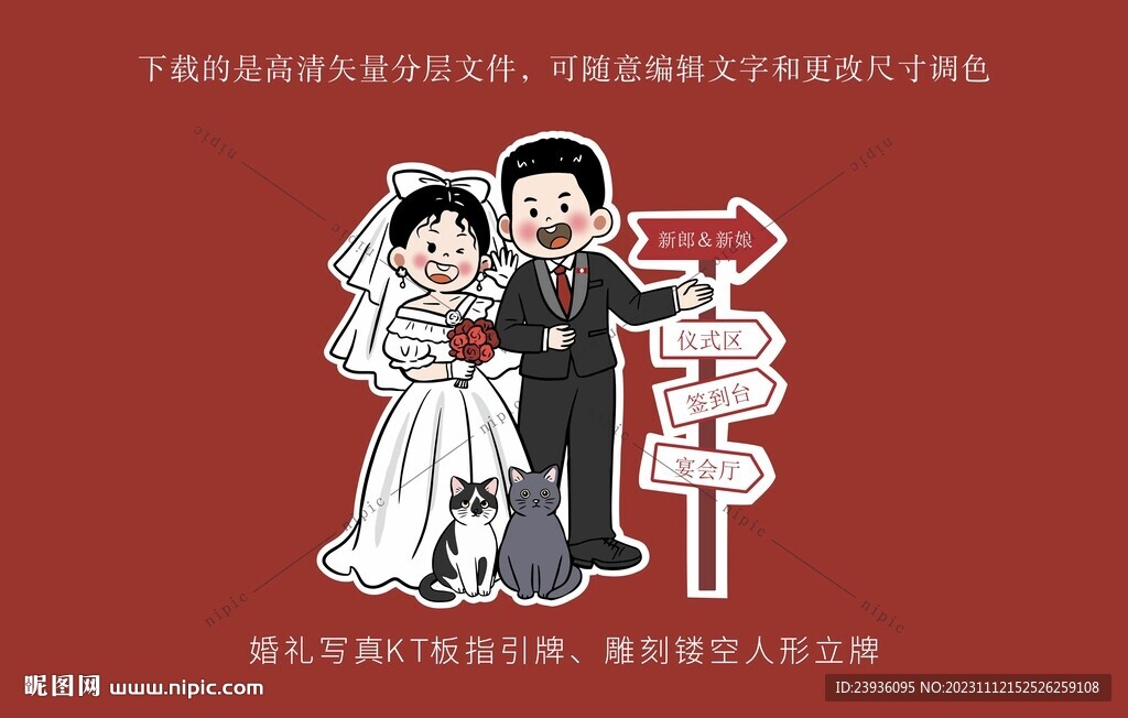 憨厚圓臉卡通手繪婚禮指引迎賓牌