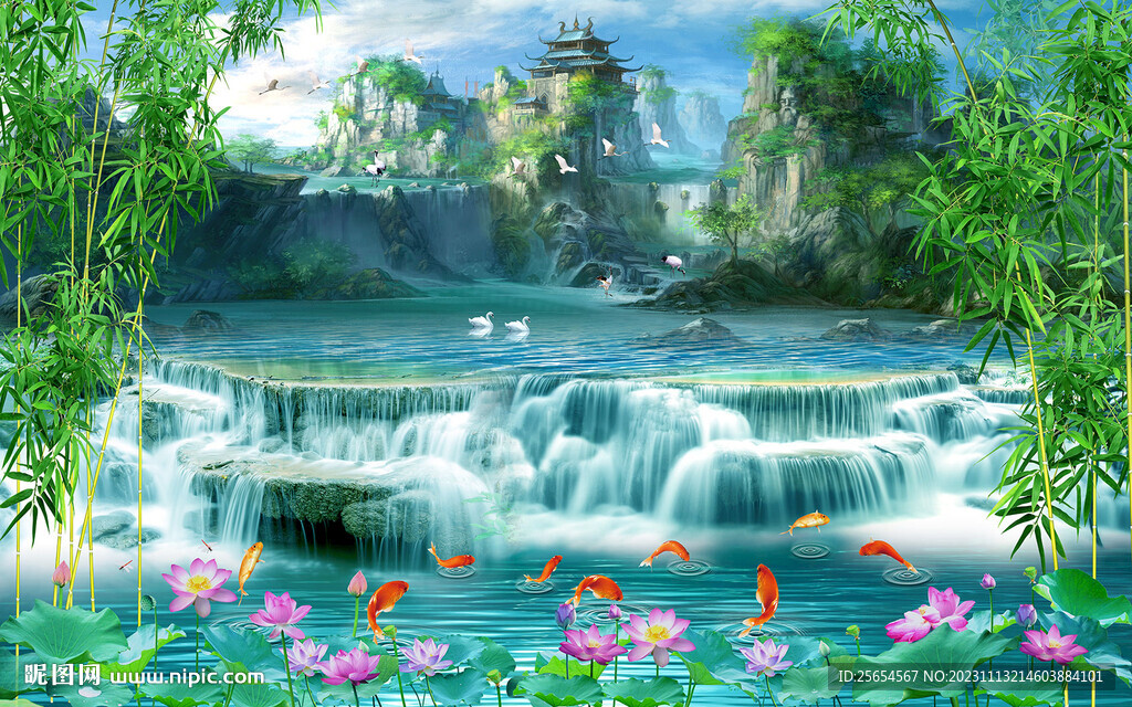 夢幻山水流水生財背景墻