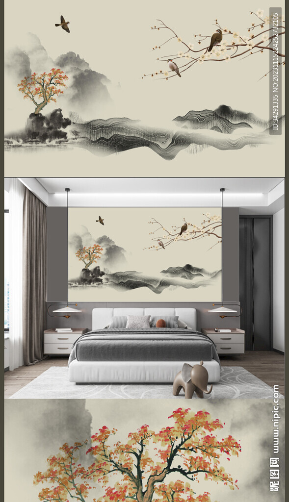 新中式轻奢楼阁背景壁画