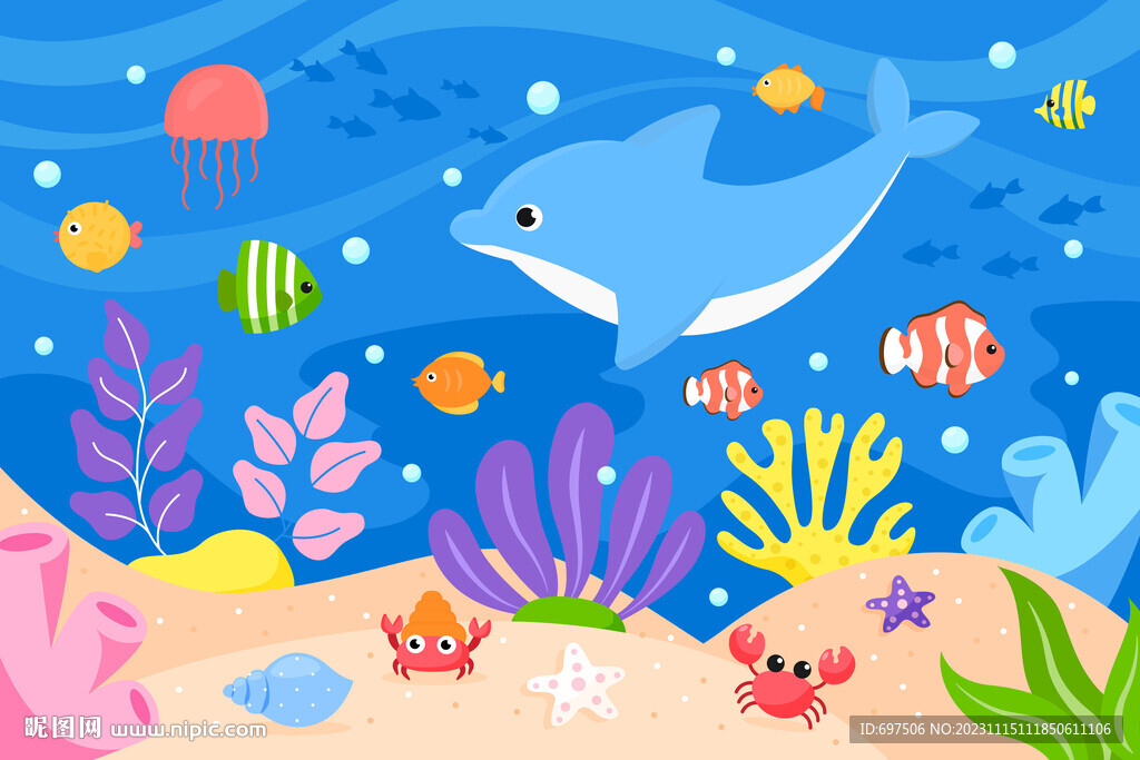 卡通海底世界可爱海豚热带鱼背景