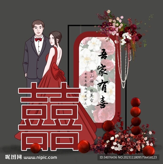 手繪Q版新郎新娘指示牌